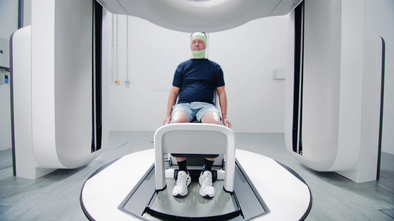 A demonstration of a head and neck cancer patient setup using prototype devices in the Leo Cancer Care Upright Radiotherapy solution*